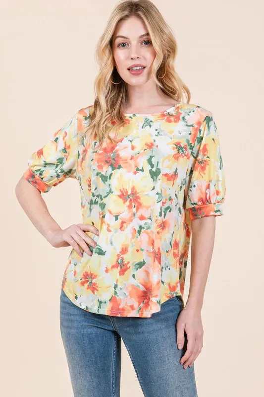 BOMBOM Floral Round Neck Puff Sleeve Top sold by Charming Charlie