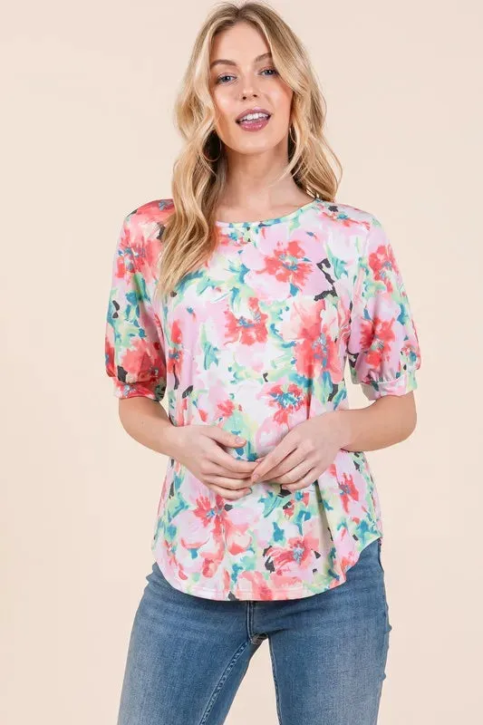 BOMBOM Floral Round Neck Puff Sleeve Top sold by Charming Charlie