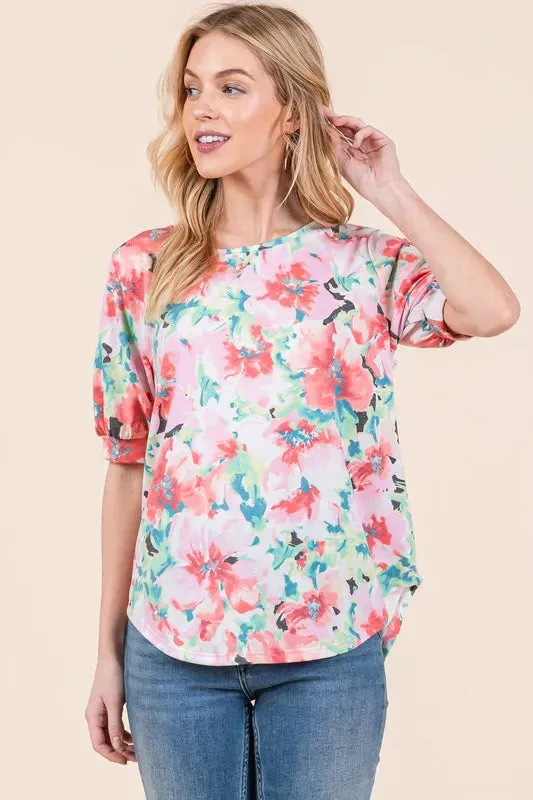 BOMBOM Floral Round Neck Puff Sleeve Top sold by Charming Charlie product image thumbnail 3