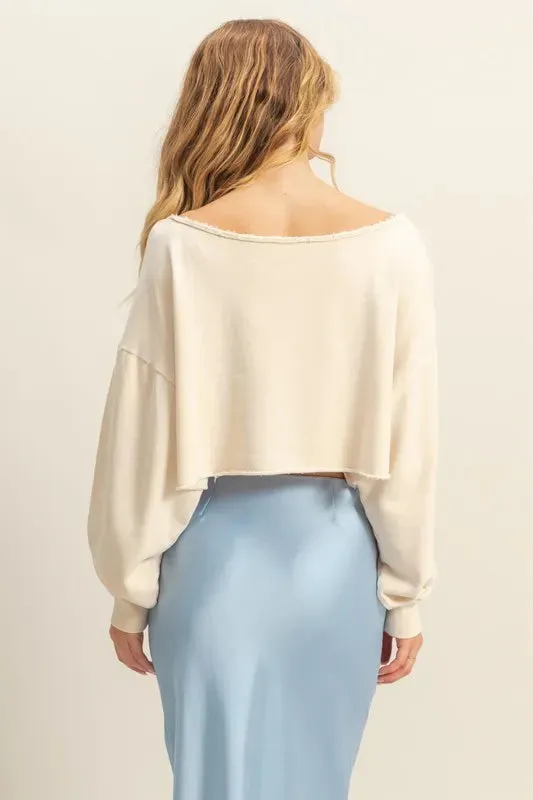 HYFVE Frayed Detail Boat Neck Long Sleeve Crop Top sold by Charming Charlie product image thumbnail 3