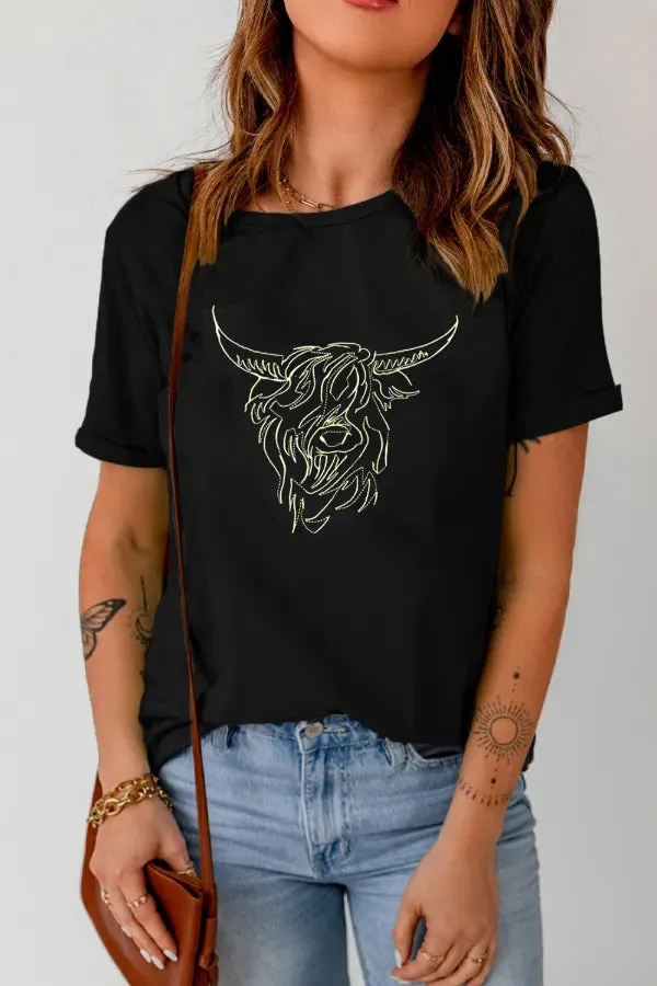 Bull Head Embroidered Round Neck T Shirt sold by Charming Charlie