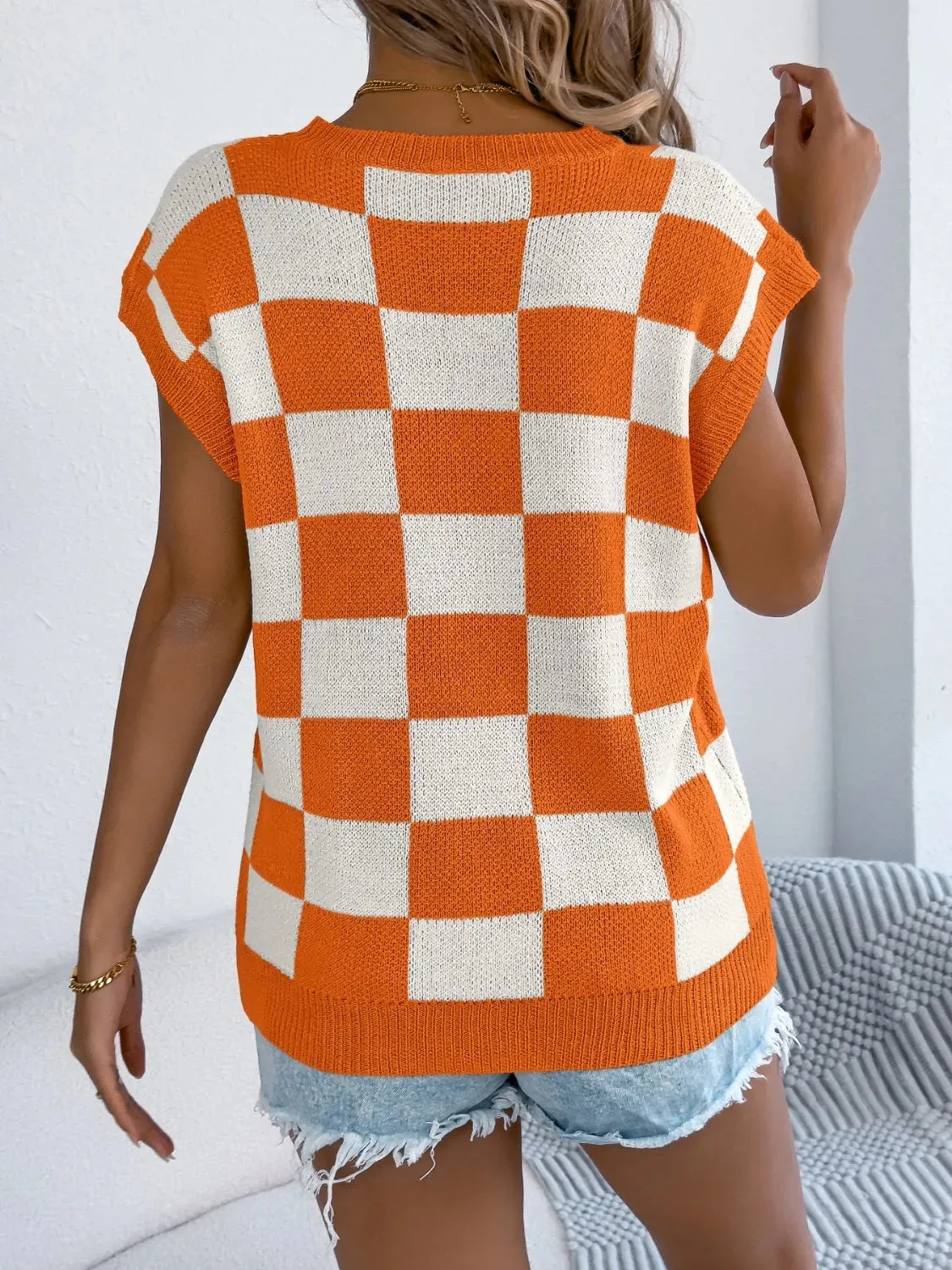 Checkered Round Neck Cap Sleeve Knit Top sold by Charming Charlie product image thumbnail 2