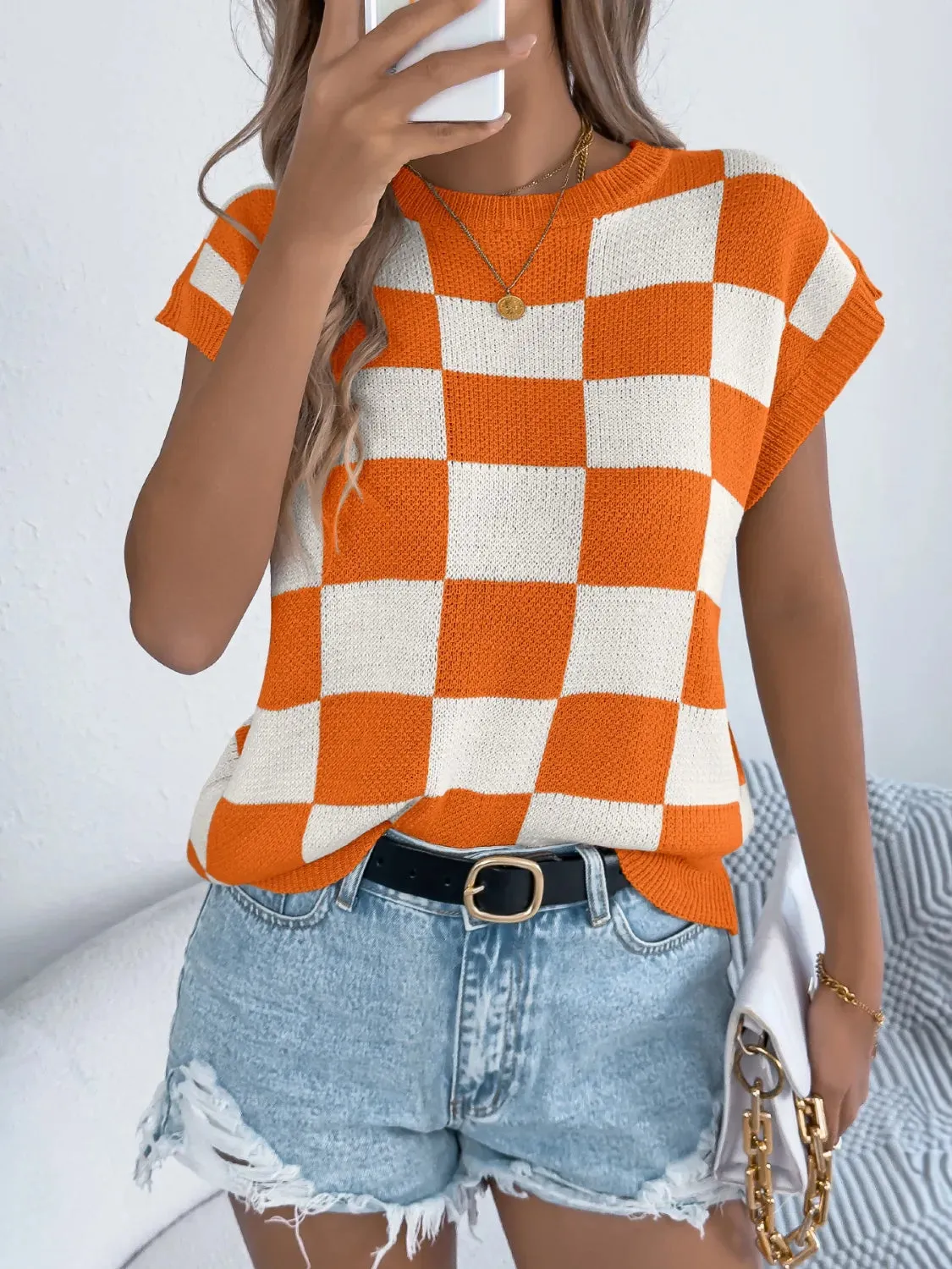 Checkered Round Neck Cap Sleeve Knit Top sold by Charming Charlie product image thumbnail 5