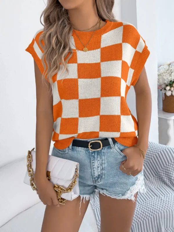 Checkered Round Neck Cap Sleeve Knit Top sold by Charming Charlie