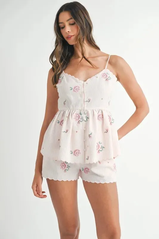 MABLE Stripe Embroidered Peplum Cami and Shorts Set sold by Charming Charlie