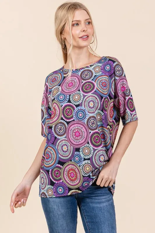 BOMBOM Printed Round Neck Half Sleeve Top sold by Charming Charlie