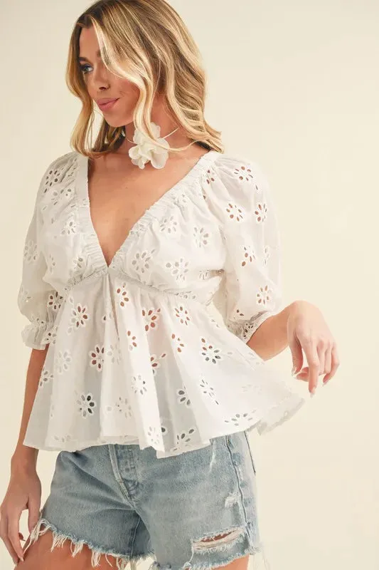 Aemi + Co Eyelet Embroidered V-Neck Half Sleeve Peplum Blouse sold by Charming Charlie product image thumbnail 2