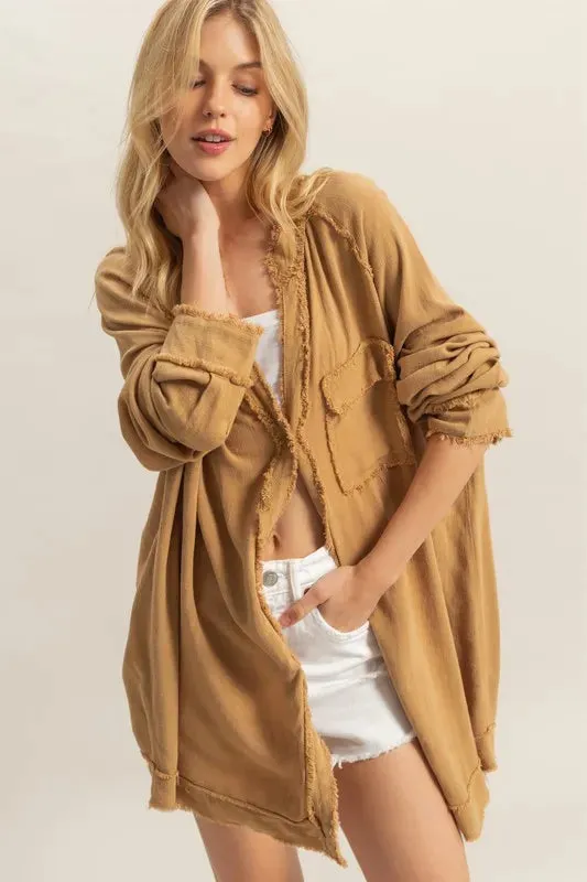 HYFVE Raw Edge Button Down Raglan Sleeve Shirt sold by Charming Charlie