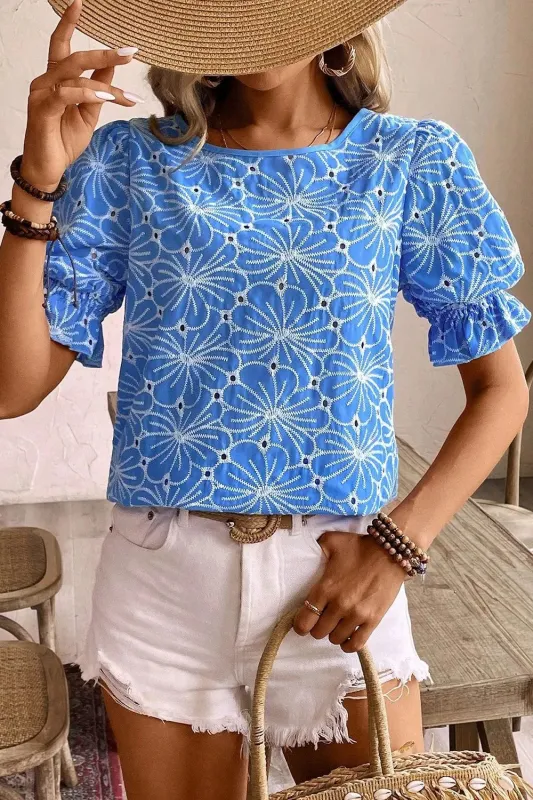 Eyelet Flower Embroidery Flounce Sleeve Blouse sold by Charming Charlie