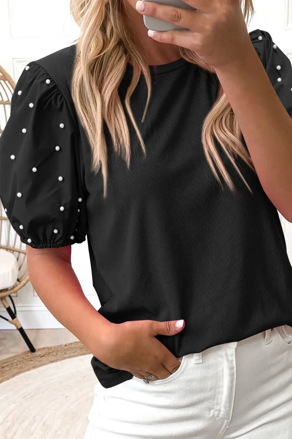 Pearl Detail Round Neck Short Sleeve Blouse sold by Charming Charlie product image thumbnail 3