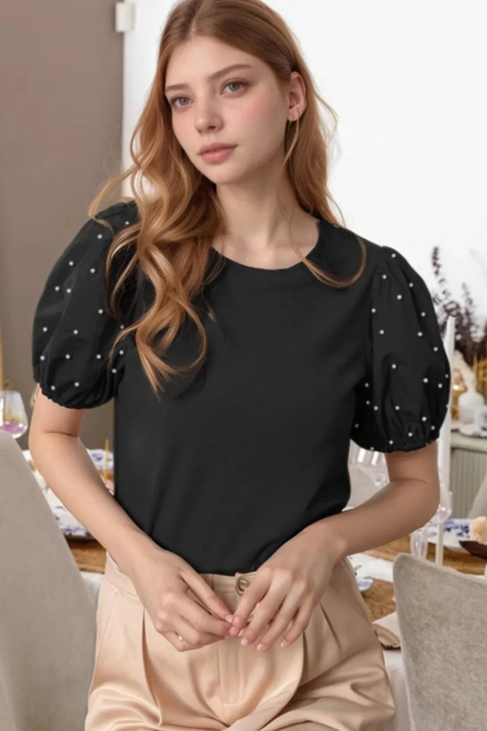 Pearl Detail Round Neck Short Sleeve Blouse sold by Charming Charlie