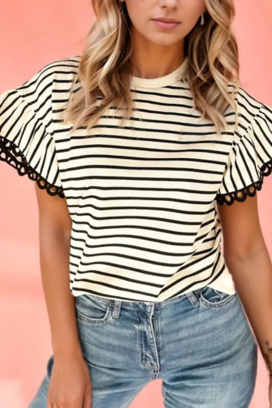 Striped Round Neck Ruffle Sleeve Blouse sold by Charming Charlie