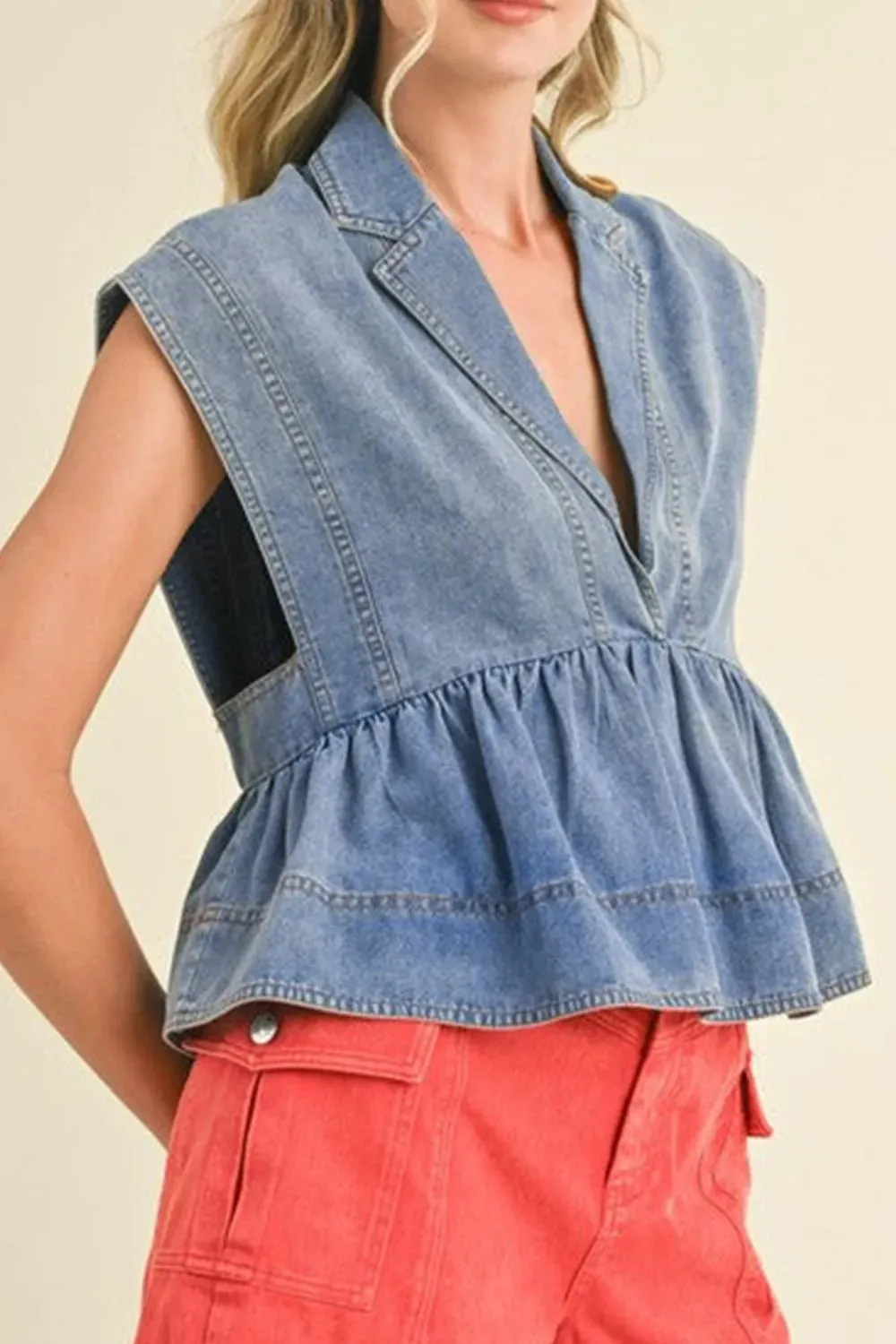 Lapel Collar Peplum Denim Top sold by Charming Charlie product image thumbnail 4