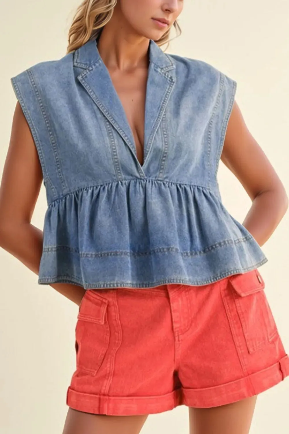 Lapel Collar Peplum Denim Top sold by Charming Charlie