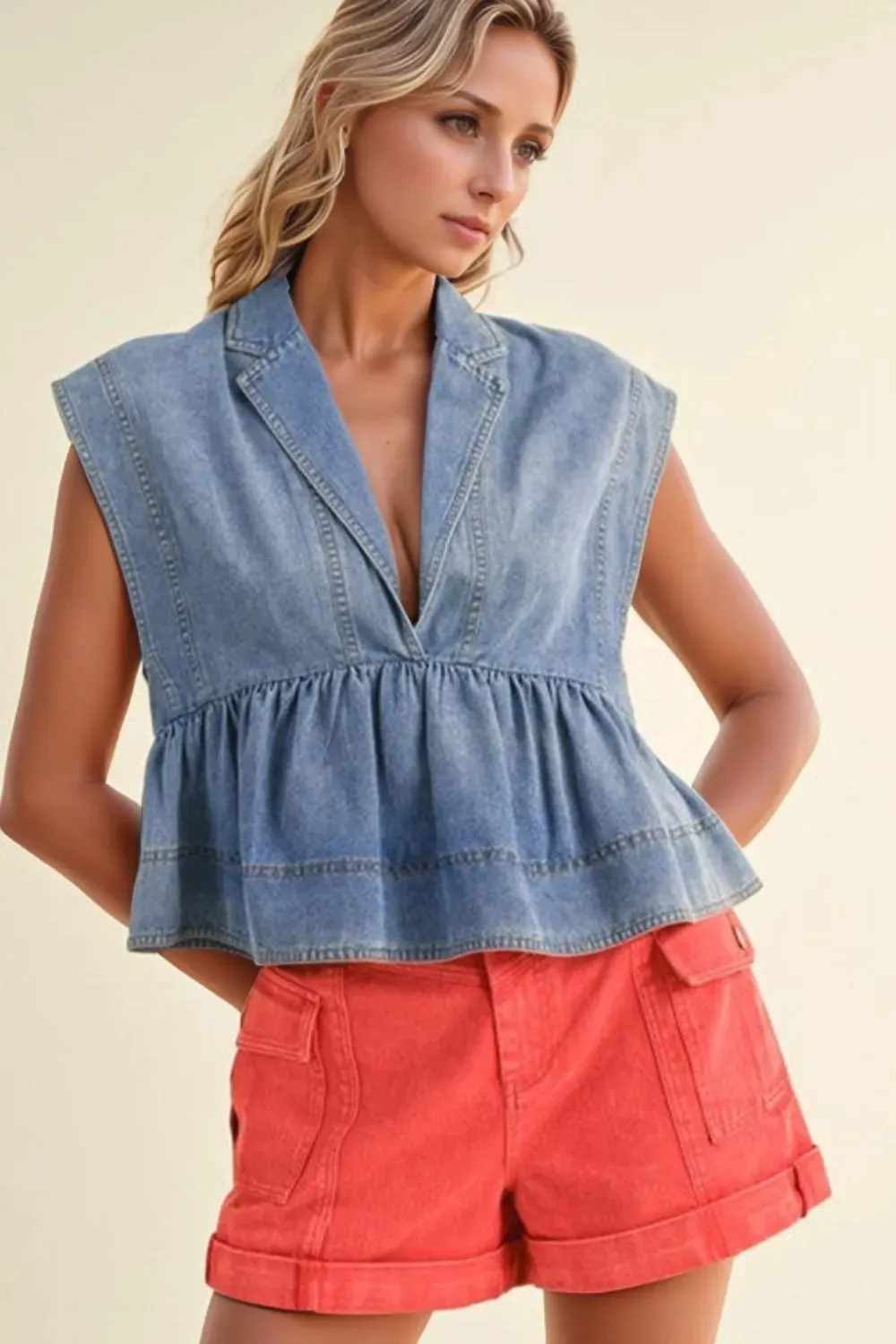 Lapel Collar Peplum Denim Top sold by Charming Charlie product image thumbnail 2