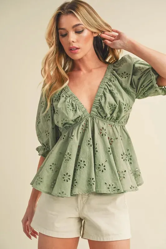 Aemi + Co Eyelet Embroidered V-Neck Half Sleeve Peplum Blouse sold by Charming Charlie product image thumbnail 2