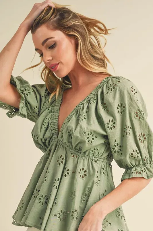 Aemi + Co Eyelet Embroidered V-Neck Half Sleeve Peplum Blouse sold by Charming Charlie product image thumbnail 4