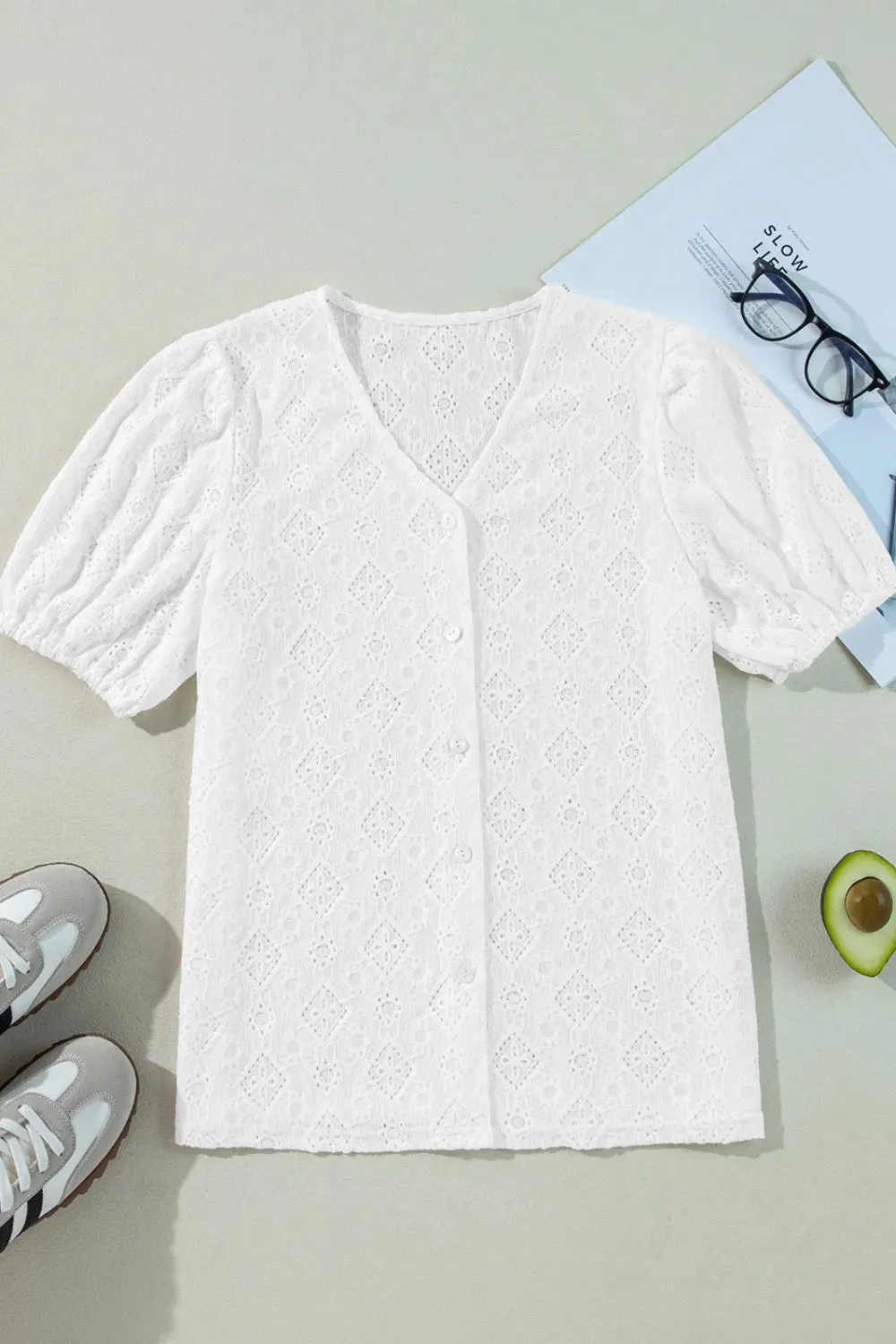 Lace Puff Sleeve V Neck Button Up Shirt sold by Charming Charlie product image thumbnail 4