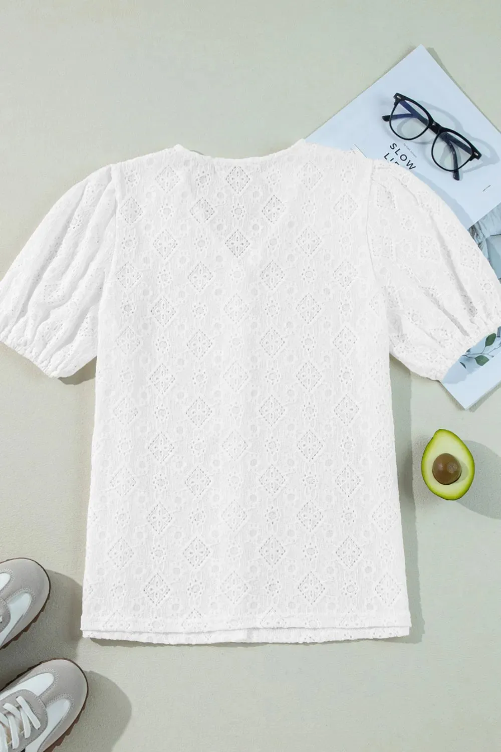 Lace Puff Sleeve V Neck Button Up Shirt sold by Charming Charlie product image thumbnail 5