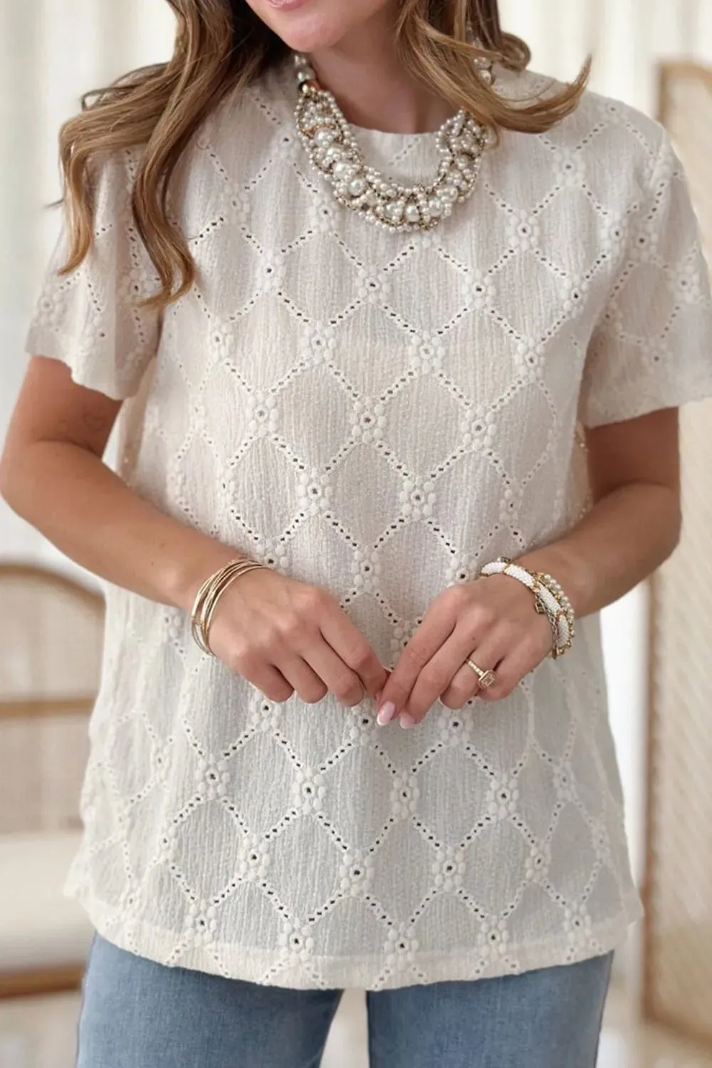Eyelet Round Neck Short Sleeve Blouse sold by Charming Charlie product image thumbnail 4