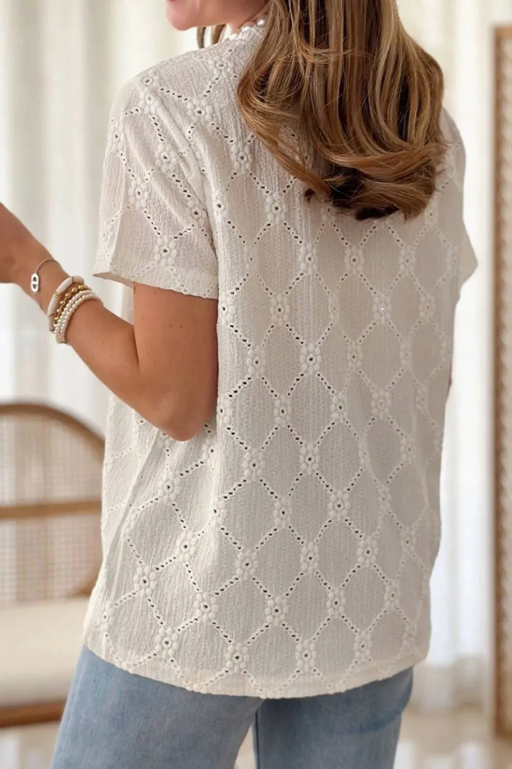 Eyelet Round Neck Short Sleeve Blouse sold by Charming Charlie product image thumbnail 2