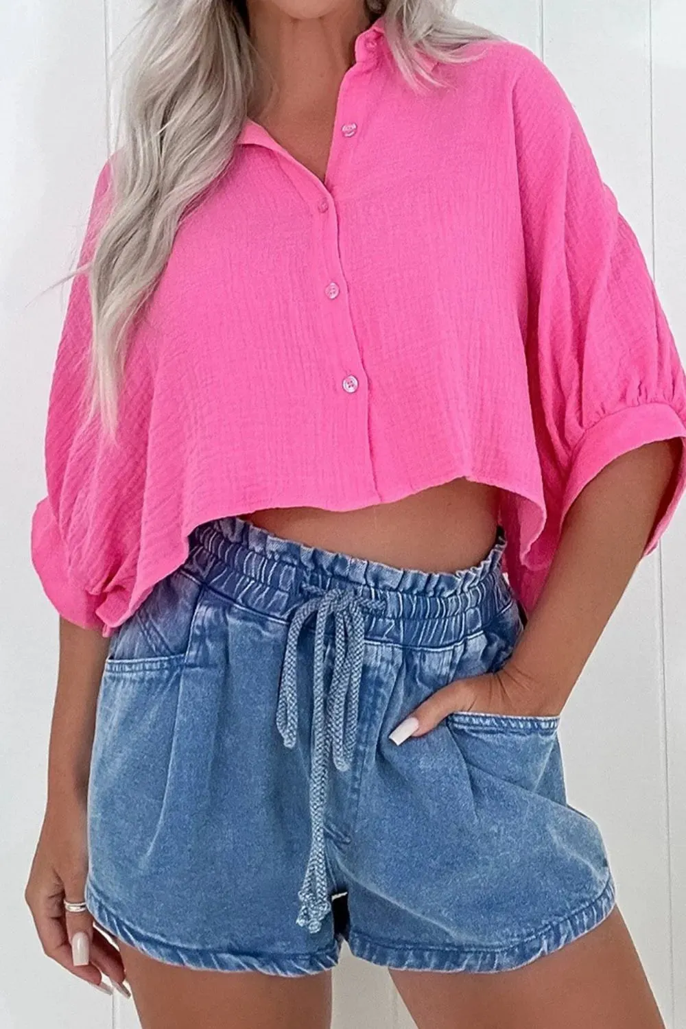 Drawstring High Waist Denim Shorts with Pockets sold by Charming Charlie product image thumbnail 4