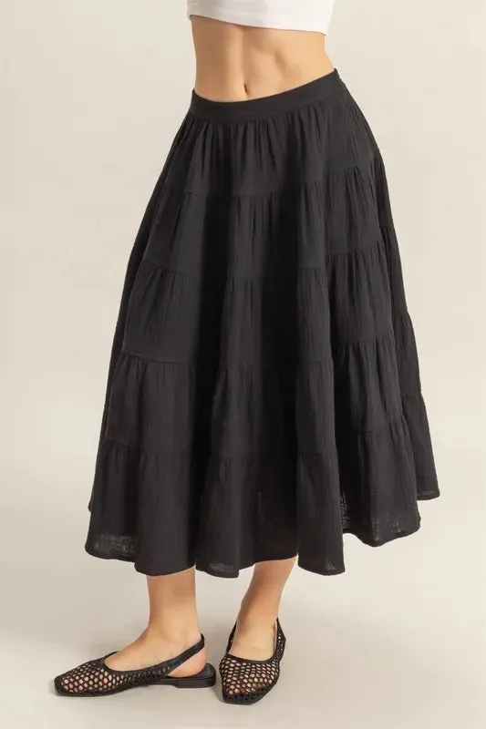 HYFVE Double Gauze Tiered Midi Skirt with Pockets sold by Charming Charlie