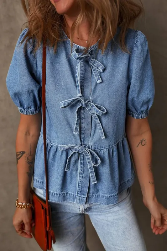 Tied Front Puff Sleeve Peplum Denim Shirt sold by Charming Charlie