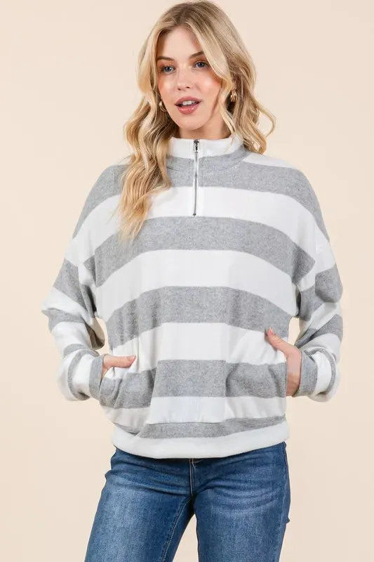 BOMBOM Striped Quarter Zip Drop Shoulder Sweatshirt sold by Charming Charlie