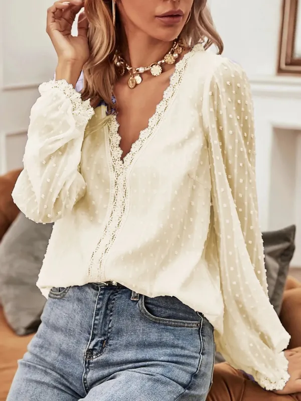Swiss Dot Lace Detail V-Neck Long Sleeve Blouse sold by Charming Charlie