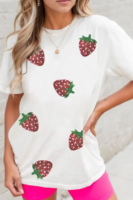 Sequin Strawberry Crew Neck Short Sleeve T Shirt sold by Charming Charlie