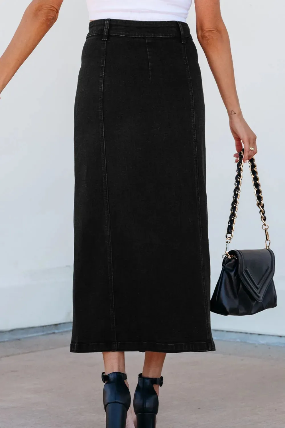 Button Fly Side Split Denim Midi Skirt sold by Charming Charlie product image thumbnail 2