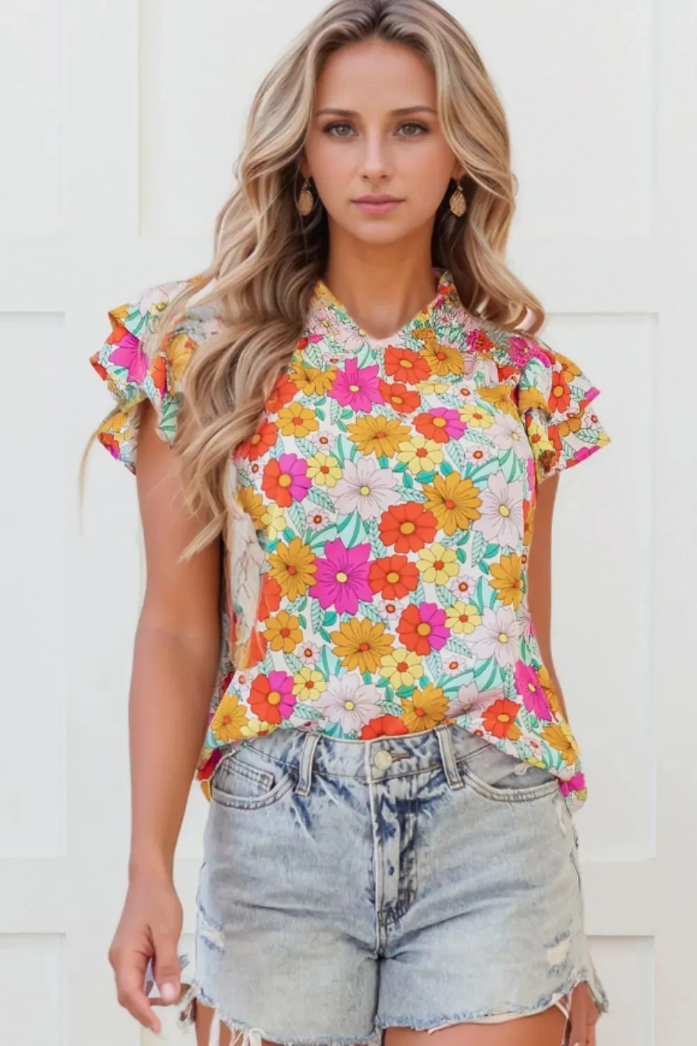 Floral Print Shirred Tiered Ruffled Sleeve Blouse sold by Charming Charlie