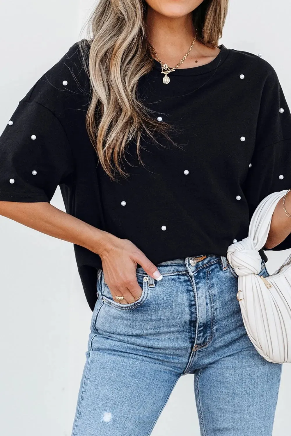 Pearl Beaded Round Neck Half Sleeve T Shirt sold by Charming Charlie