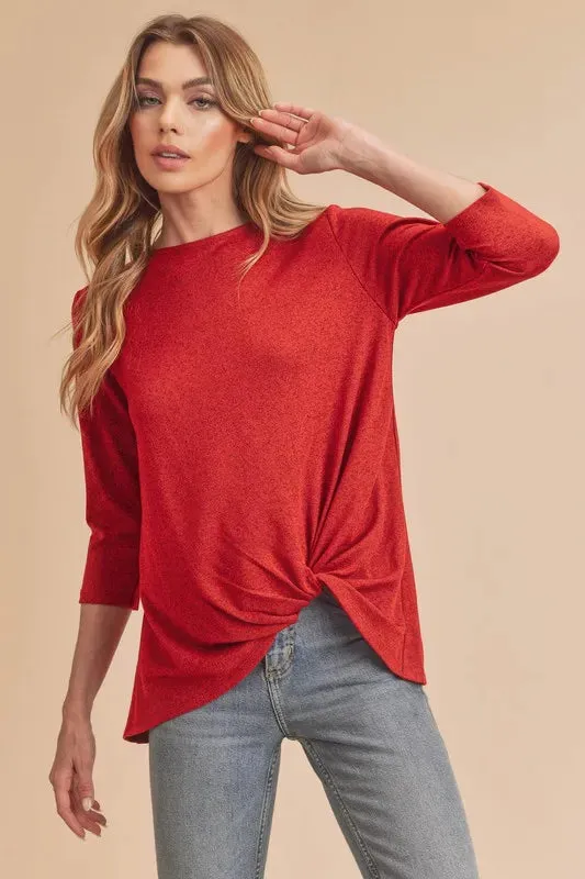 Aemi + Co Twist Front Round Neck 3/4 Sleeve T-Shirt sold by Charming Charlie