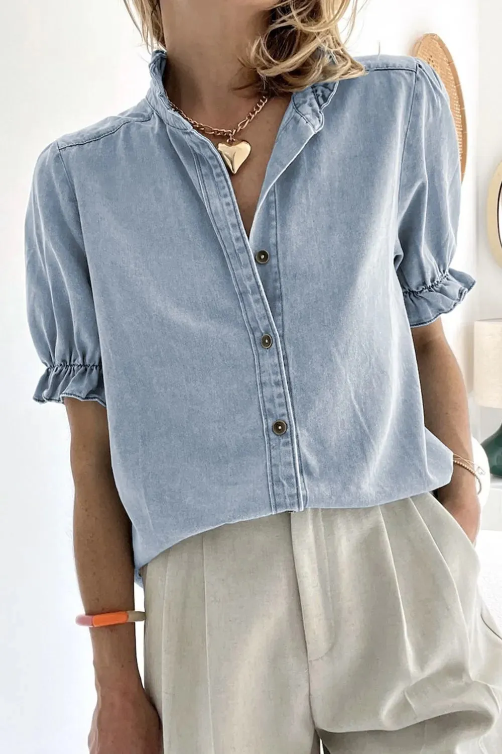 Ruffle Short Puff Sleeve Button Down Denim Shirt sold by Charming Charlie product image thumbnail 4