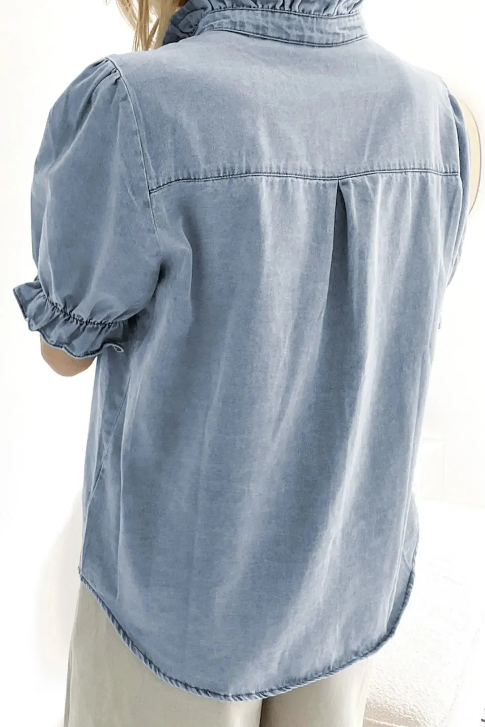 Ruffle Short Puff Sleeve Button Down Denim Shirt sold by Charming Charlie product image thumbnail 5