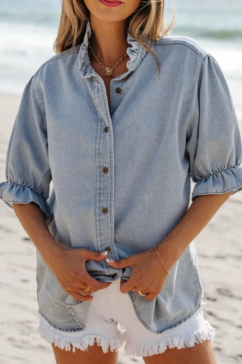 Ruffle Short Puff Sleeve Button Down Denim Shirt sold by Charming Charlie product image thumbnail 2