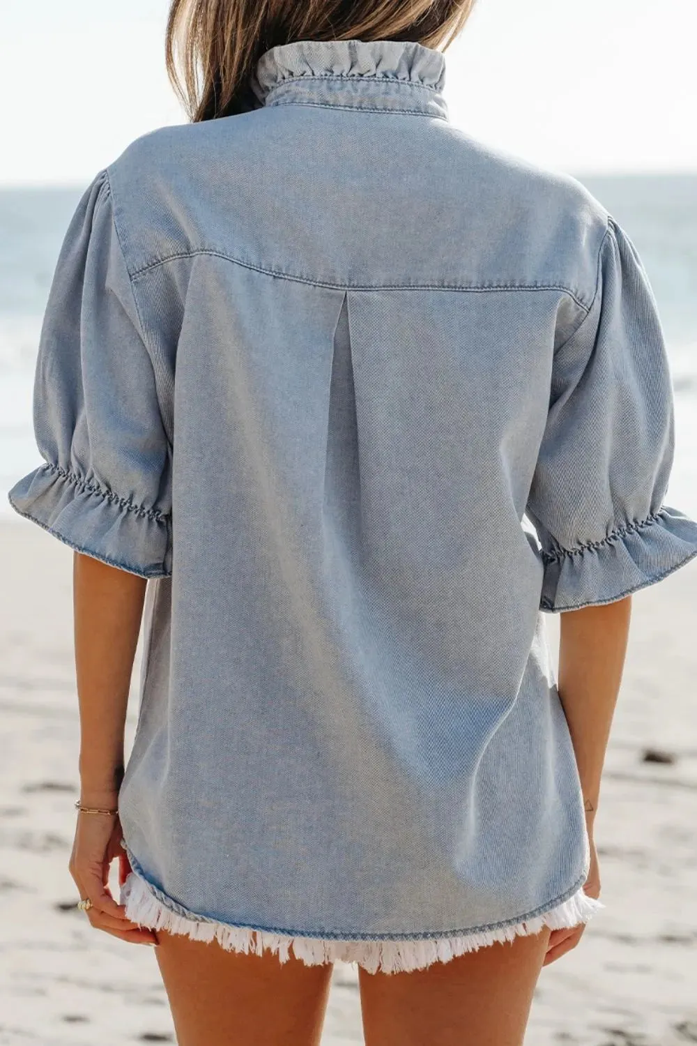 Ruffle Short Puff Sleeve Button Down Denim Shirt sold by Charming Charlie product image thumbnail 3