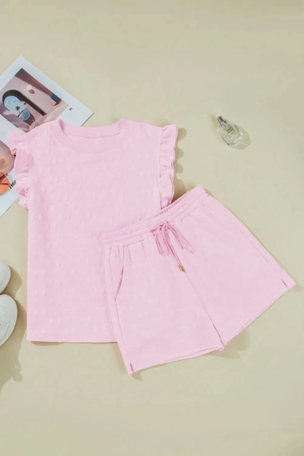 Bow Jacquard Ruffle Cap Sleeve Top and Shorts Set sold by Charming Charlie product image thumbnail 4