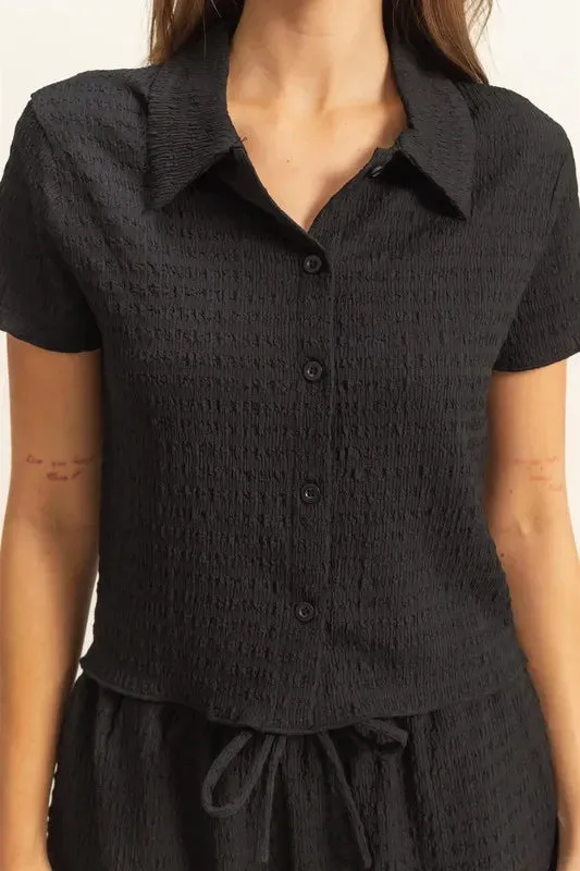 HYFVE Textured Short Sleeve Top and Drawstring Shorts Knit Set sold by Charming Charlie product image thumbnail 4