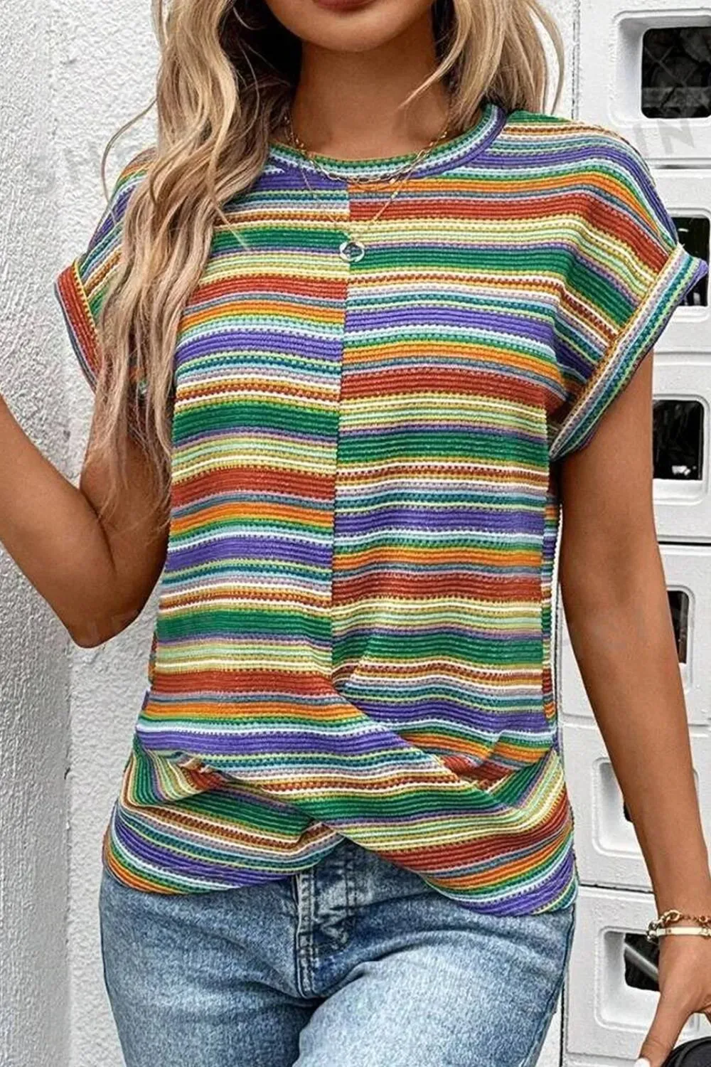 Multicolour Striped Twist Hem Cap Sleeve Top sold by Charming Charlie