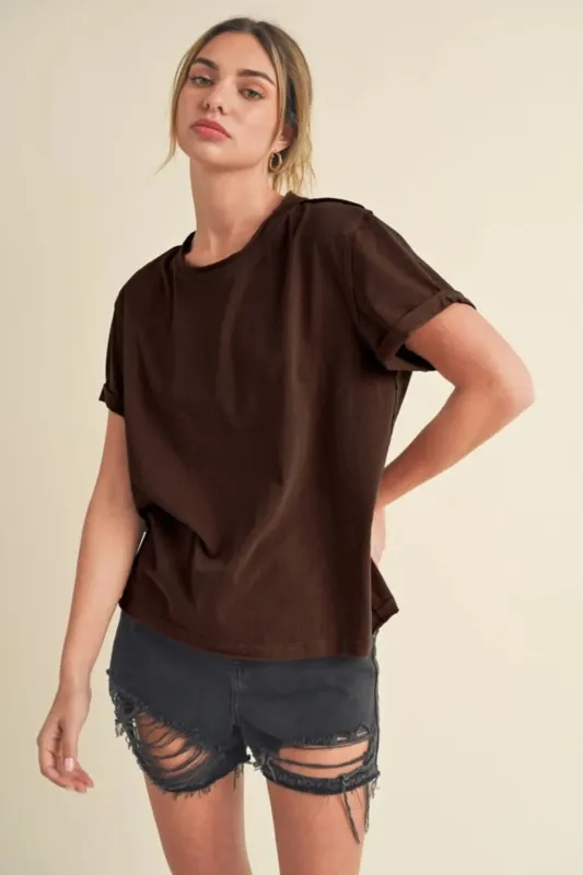 Aemi + Co Exposed Seam Round Neck Short Sleeve T-Shirt sold by Charming Charlie