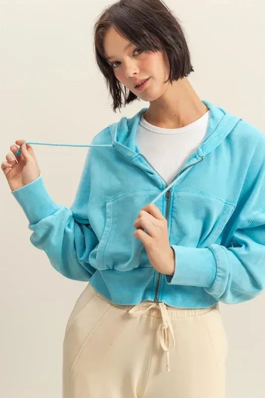 HYFVE Drawstring Zip Up Washed Cropped Hoodie sold by Charming Charlie