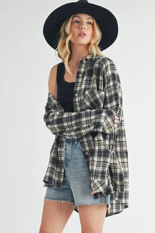 Aemi + Co Plaid Button Up Flannel Shirt with Chest Pocket sold by Charming Charlie