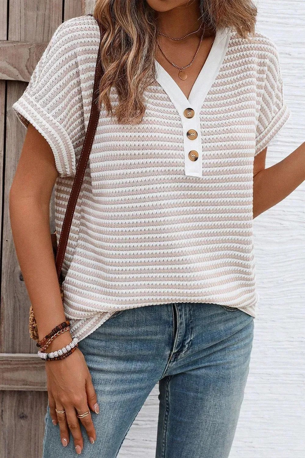 Stripe Buttoned Front V Neck T Shirt sold by Charming Charlie product image thumbnail 5