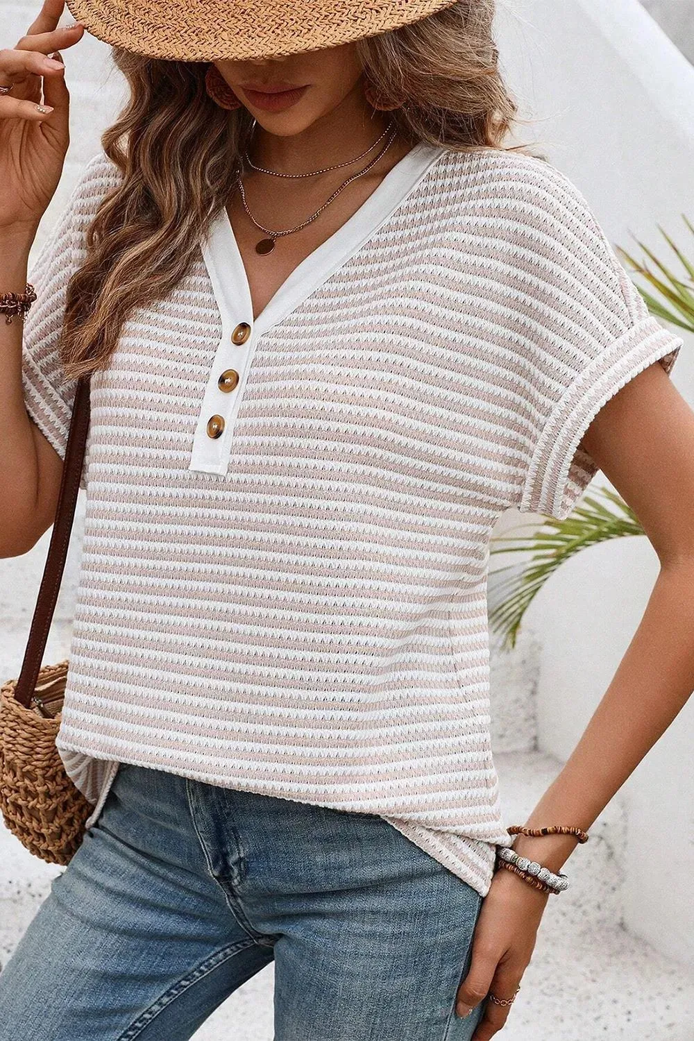 Stripe Buttoned Front V Neck T Shirt sold by Charming Charlie
