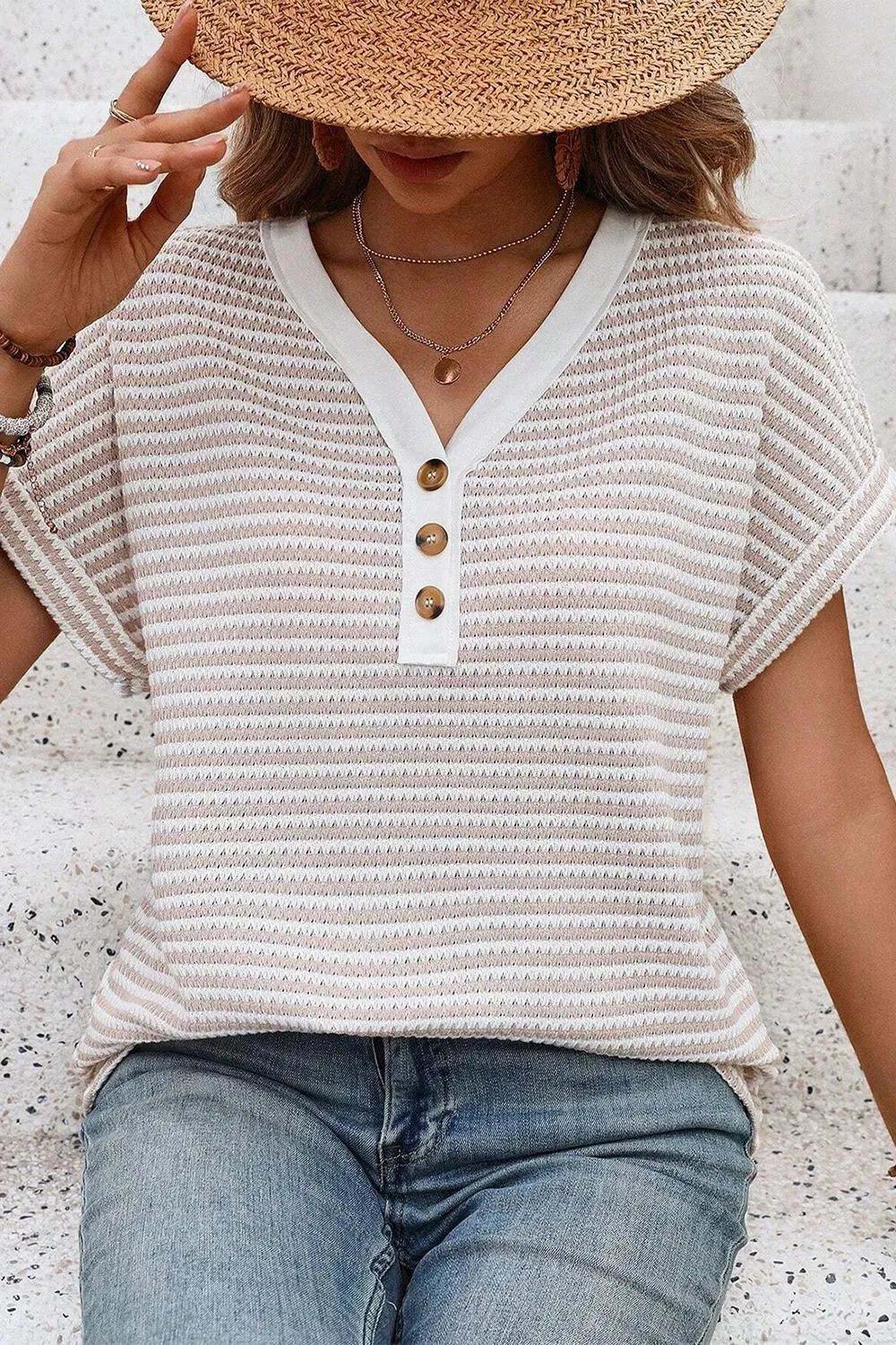 Stripe Buttoned Front V Neck T Shirt sold by Charming Charlie product image thumbnail 3