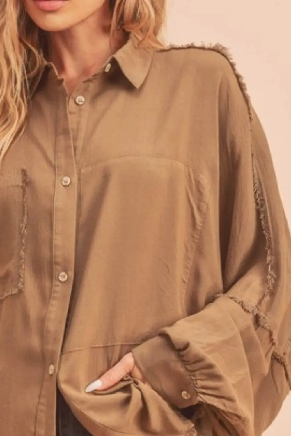 Aemi + Co Raw Edge Exposed Seam Collared Neck Long Sleeve Shirt sold by Charming Charlie product image thumbnail 3