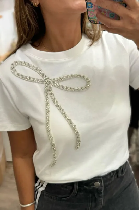 Rhinestone Bow Round Neck Short Sleeve T-Shirt sold by Charming Charlie